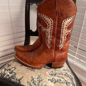 Frye Tan Leather Studded Cowboy Boots